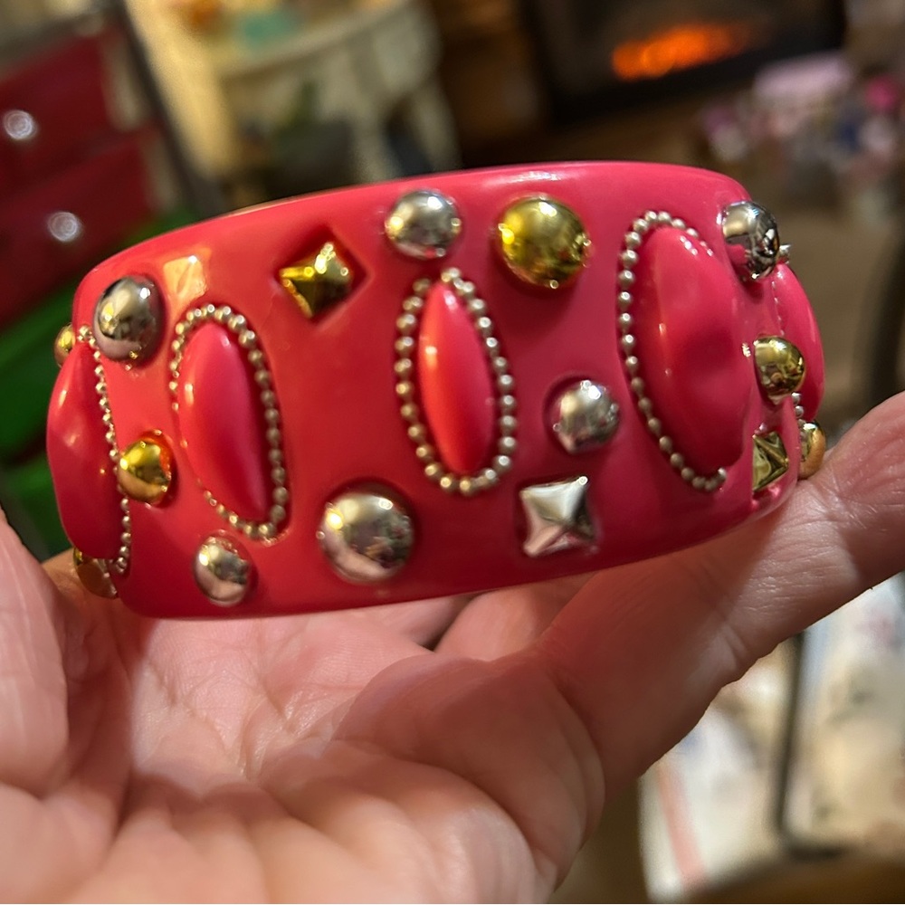 Wide Pink Fuchia Acrylic Bangle Bracelet with Studs